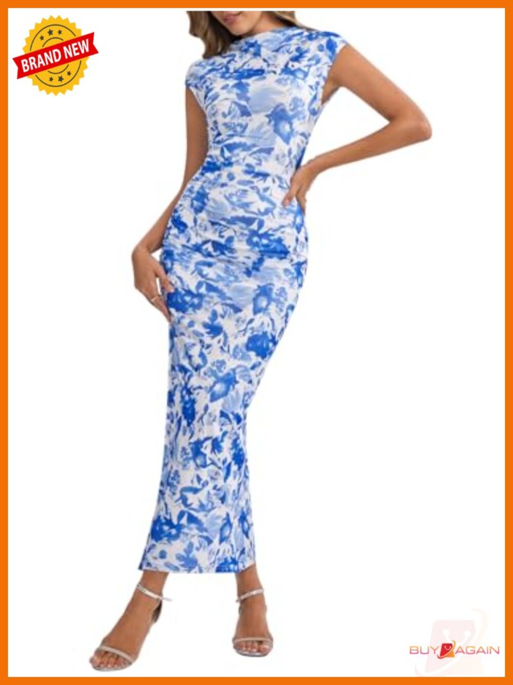 Floral Mesh Ruched Bodycon Maxi Dress Cap Sleeve Mock Neck Wedding Guest